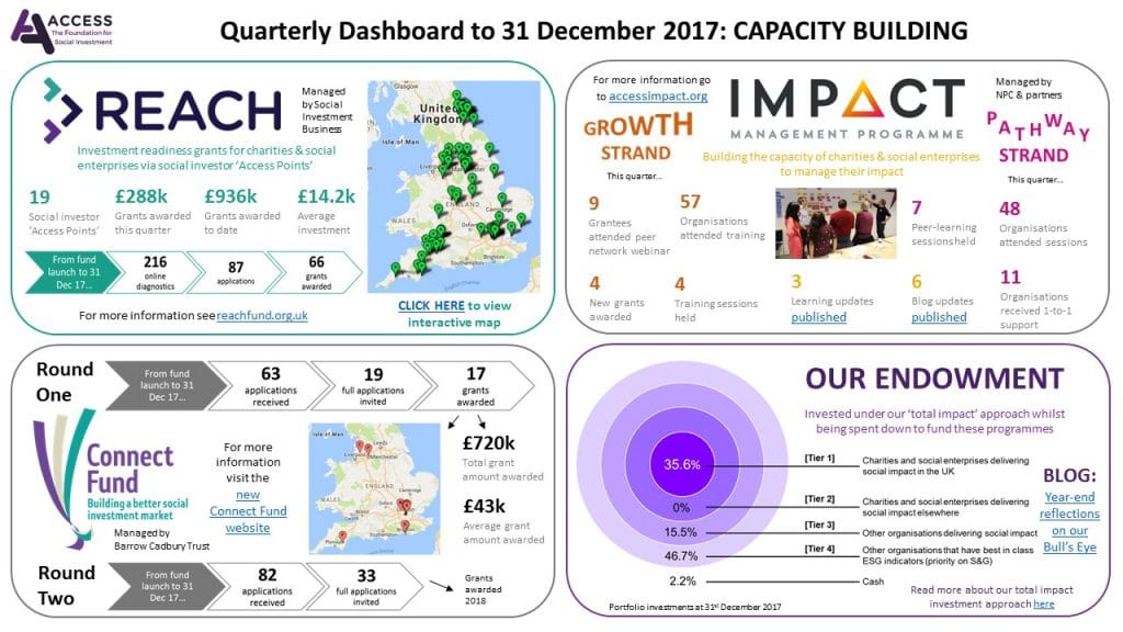 Quarterly infographic Capacity building report for Reach, impact, connect fund and our endowment
